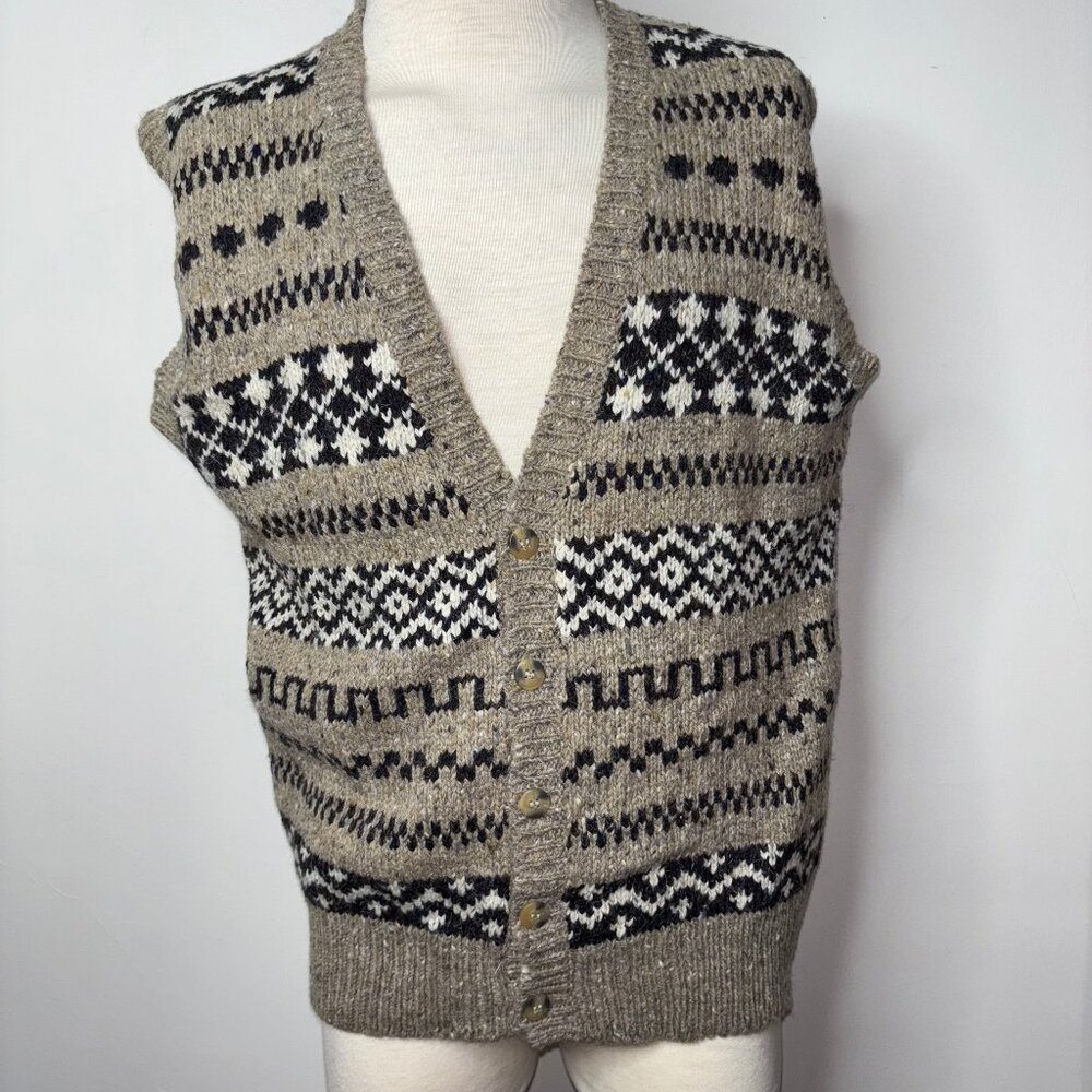 Vintage Peter England Sweater Vest Knit Mens L Wool Blend Button Grandpa